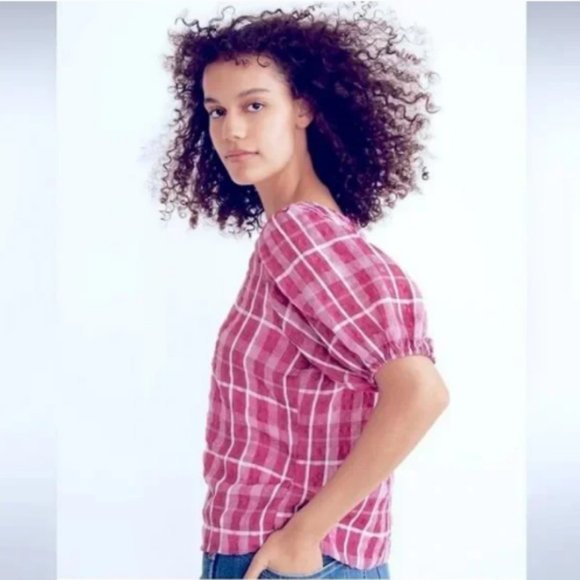 NWT Madewell Azalea Plaid Short Puff Sleeve Popover Top - Picture 2 of 10